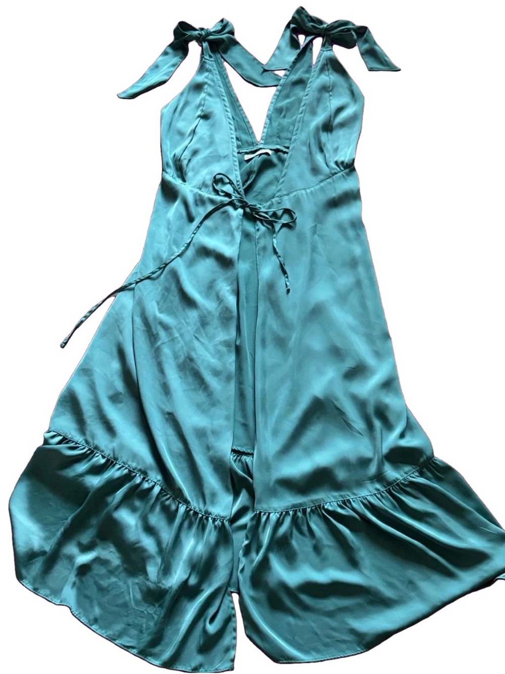 Abercrombie & Fitch Teal Tie Shoulder Ruffle Hem Dress Size S Plunge Halter Maxi